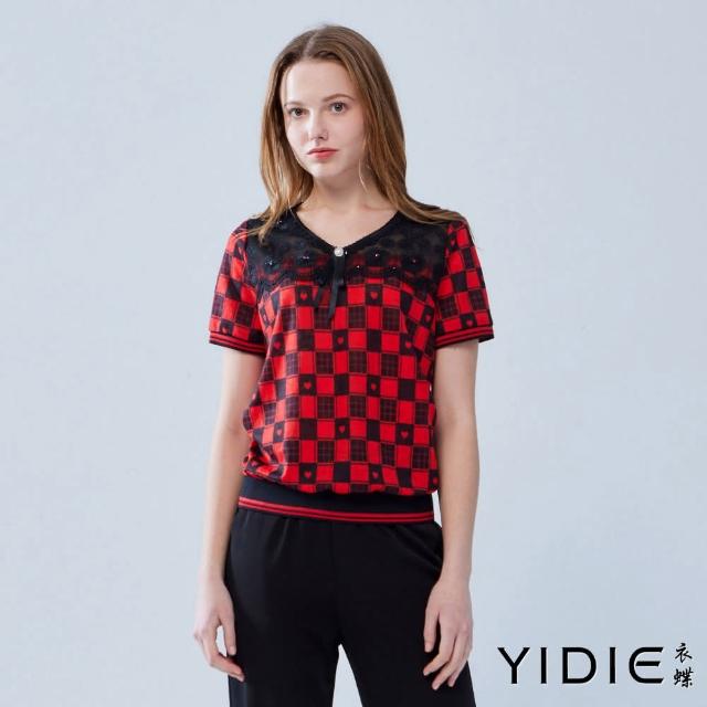 【YIDIE 衣蝶】黑紅格紋拼接蕾絲造型上衣-磚