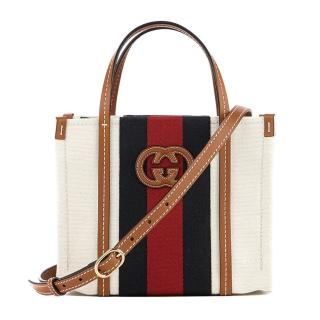 【GUCCI 古馳】727735 經典Interlocking G系列雙色織帶手提斜背迷你托特包(米色)