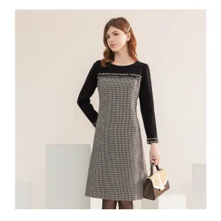 【IRIS 艾莉詩】修身拼接細千鳥洋裝-2色(46670)