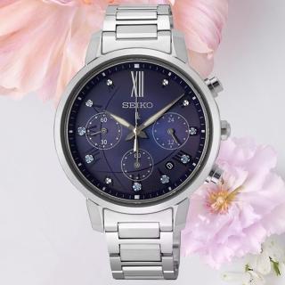 【SEIKO 精工】LUKIA 璀璨魅力晶鑽太陽能三眼計時女錶-藍x銀/36.2mm(SSC921J1/V175-0FC0B)