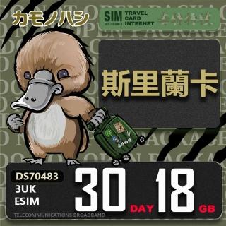 【鴨嘴獸Platypi.IF】3UK eSIM 歐洲 斯裡蘭卡 30天18GB(eSIM 免插卡上網絡卡 旅遊卡)