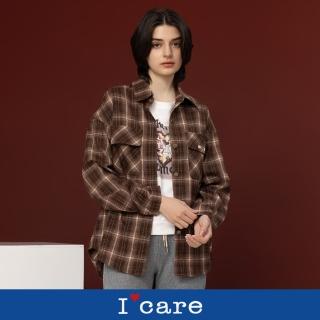 【I’Care 依卡】現貨-棕色法蘭絨雙口袋格紋襯衫（F）｜女長版襯衫 襯衫外套(510-06411)