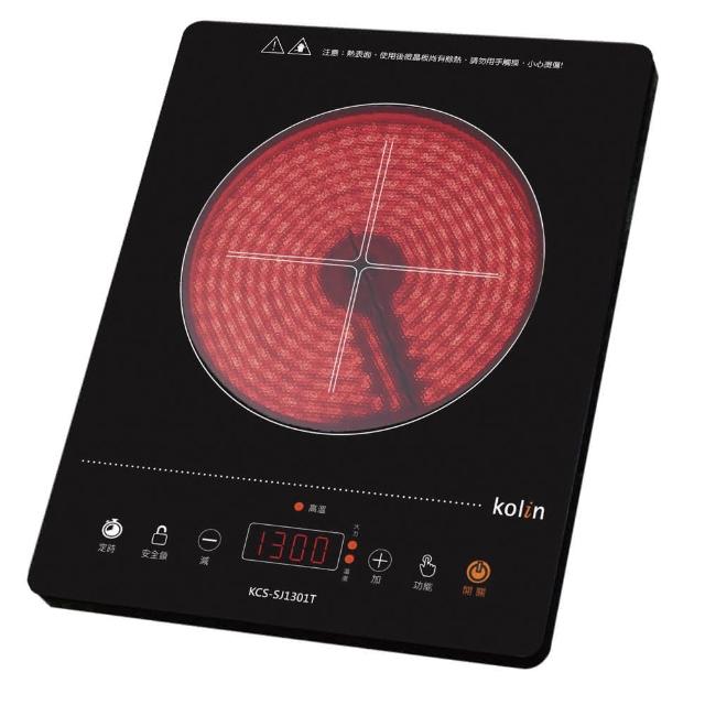 KOLIN 歌林 KCS-SJ1301T 電陶爐，黑色系設計，產地中國，適合110V/60Hz使用。輕巧2.5KG，消耗功率1200W以上，提供快速加熱與安全烹飪。BSMI許可字號R55987，享有1年保固。理想的家用電陶爐選擇，高效節能又耐用！