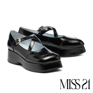 【MISS 21】Y3K未來感交叉帶純色牛油皮瑪莉珍厚底鞋(黑)