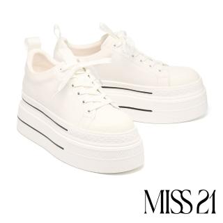 【MISS 21】少女日常純色牛皮綁帶厚底休閒鞋(白)