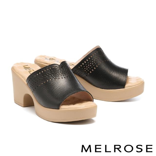 【MELROSE】美樂斯 夏日輕旅 質感鏤空造型羊皮高跟拖鞋(黑)