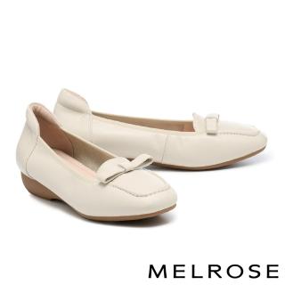 【MELROSE】美樂斯 雲朵後跟 輕甜簡約蝴蝶結牛皮方頭低跟鞋(米白)