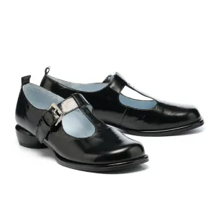 【MISS 21】復古個性T字帶牛油皮瑪莉珍大頭低跟鞋(黑)