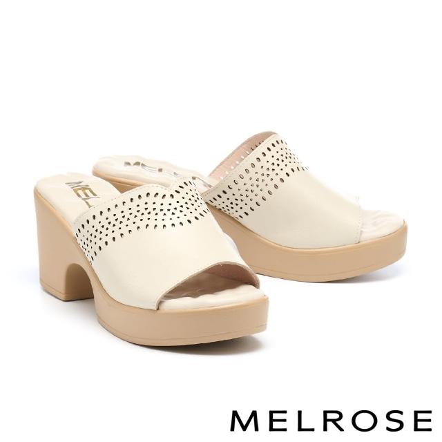 【MELROSE】美樂斯 夏日輕旅 質感鏤空造型牛皮高跟拖鞋(白)