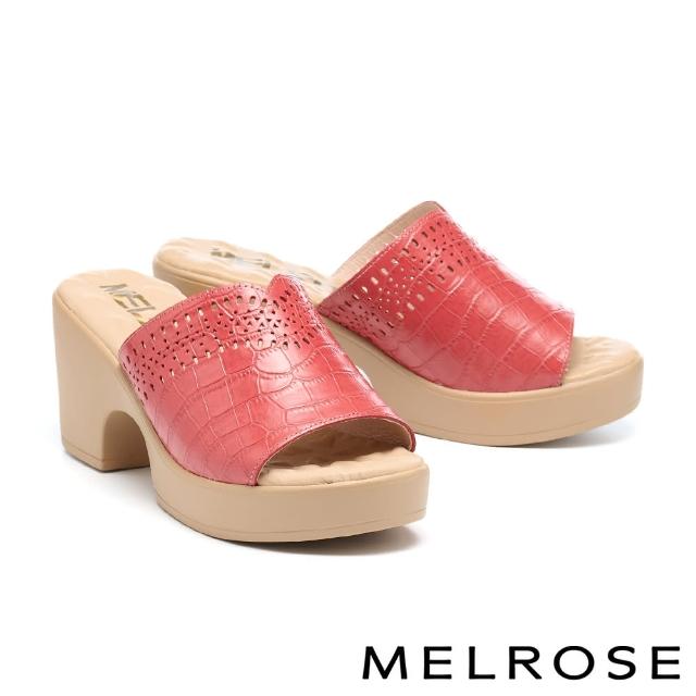 【MELROSE】美樂斯 夏日輕旅 質感鏤空造型壓紋牛皮高跟拖鞋(紅)