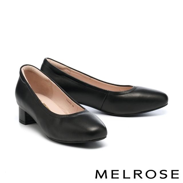 【MELROSE】美樂斯 雲朵後跟 質感柔軟純色羊皮方頭低跟鞋(黑)