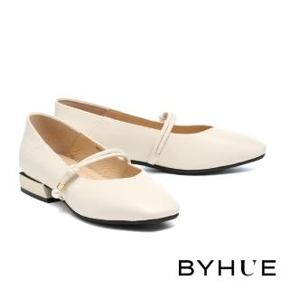【BYHUE】優雅氣質珍珠金屬釦繫帶全真皮瑪莉珍方頭低跟鞋(白)