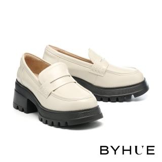 【BYHUE】簡約質感便仕牛油皮樂福軟芯厚底鞋(米白)