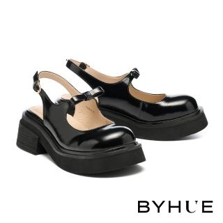 【BYHUE】甜美個性蝴蝶結牛油皮後繫帶瑪莉珍軟芯厚底鞋(黑)