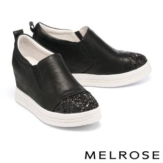 【MELROSE】美樂斯 精緻閃亮金蔥拼接金屬羊皮內增高厚底休閒鞋(黑)