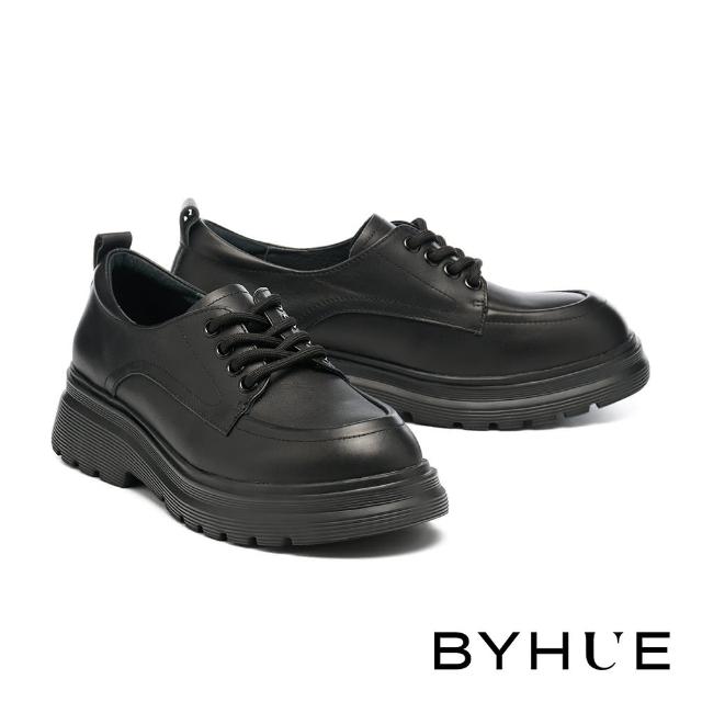 【BYHUE】經典紳士綁帶全真皮軟芯微Q厚底鞋(黑)