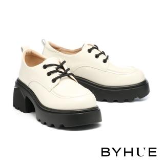 【BYHUE】簡約紳士純色牛油皮綁帶軟芯厚底鞋(白)