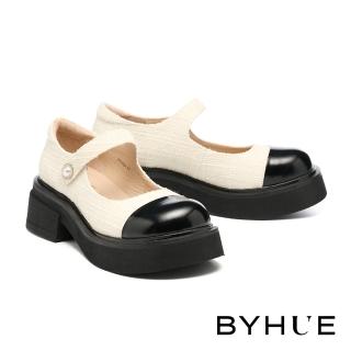 【BYHUE】優雅氣質鑲鑽珍珠魔鬼氈寬帶異材質瑪莉珍軟芯厚底鞋(米白)