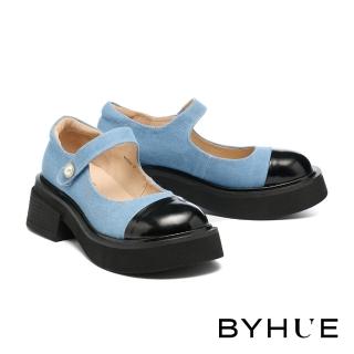 【BYHUE】優雅氣質鑲鑽珍珠魔鬼氈寬帶異材質瑪莉珍軟芯厚底鞋(藍)