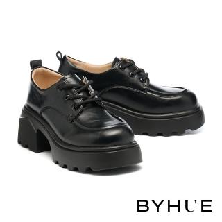 【BYHUE】簡約紳士純色牛油皮綁帶軟芯厚底鞋(黑)