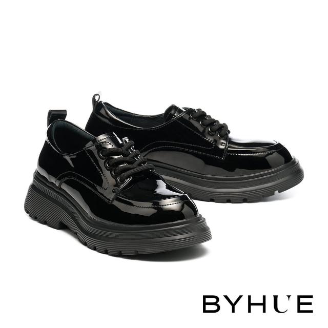 【BYHUE】經典紳士綁帶亮感全真皮軟芯微Q厚底鞋(亮黑)