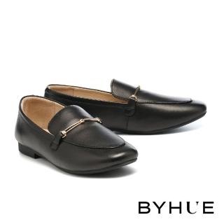 【BYHUE】日常質感金屬長釦羊皮樂福軟芯Q底低跟鞋(黑)