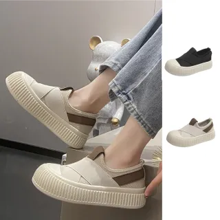 【J&H collection】韓版網布面套腳懶人厚底板鞋 休閒鞋(黑色／米色)
