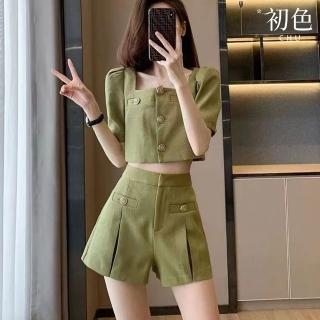 【初色】現貨 小香風素色寬鬆方領單排釦五分短袖襯衫+高腰顯瘦寬褲套裝-綠色-35559(M-2XL可選/快速出貨)