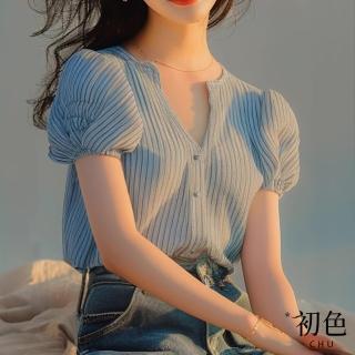 【初色】現貨 條紋泡泡袖立領短袖上衣女上衣襯衫開衫-淺藍色-34468(M-2XL可選/快速出貨)
