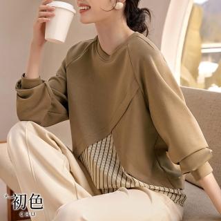 【初色】現貨 假兩件拼接條紋圓領長袖T恤上衣-卡其色-33267(M-2XL可選/快速出貨)
