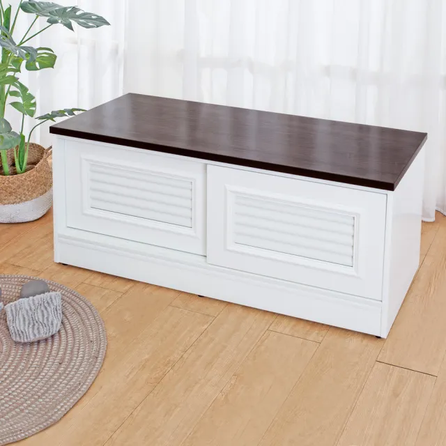 【南亞塑鋼】MIT台灣製 | 3.5尺二推/拉門防水塑鋼坐式百葉鞋櫃/座鞋櫃/收納穿鞋椅(白色+胡桃色)