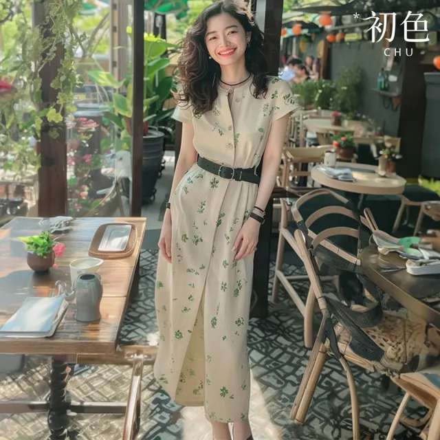 【初色】現貨 小香風綠色碎花純色休閒收腰顯瘦短袖連衣裙連身洋裝長洋裝-綠色-36354(M-XL可選/快速出貨)