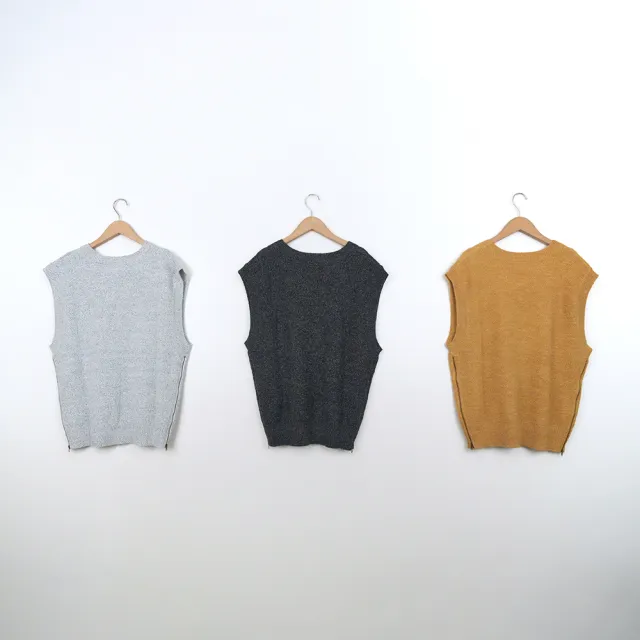 【MOSS CLUB】花紗脇邊拉鍊式開衩圓領無袖針織背心(黑 白 黃/魅力商品)
