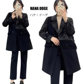 【HANA DOGE 】時尚都會風修飾感格紋流蘇雙面羊毛大衣外套(版型修身顯瘦)
