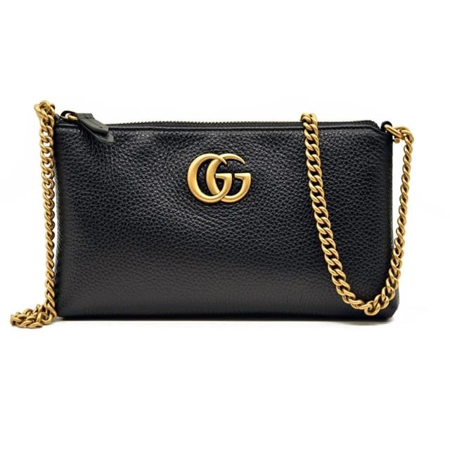 【GUCCI 古馳】779795 經典GG Marmont系列復古LOGO牛皮拉鍊手拿斜背包(黑色)