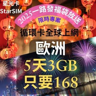 【星光卡 STAR SIM】歐洲上網絡卡 5天3GB總量(歐洲旅遊網絡卡 2025一路發福袋限時)