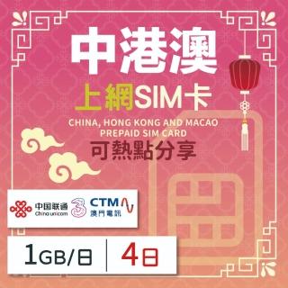 【中港澳上網 SIM卡】中國/香港/澳門 4天方案 每日1GB降速吃到飽SIM卡(隨插即用、熱點分享、中港澳網絡卡)