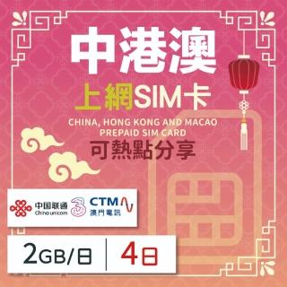 【中港澳上網 SIM卡】中國/香港/澳門 4天方案 每日2GB降速吃到飽SIM卡(隨插即用、熱點分享、中港澳網絡卡)