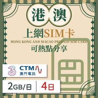 【港澳上網 SIM卡】香港/澳門 4天方案 每日2GB降速吃到飽 4G高速上網SIM卡(隨插即用、熱點分享、港澳網絡卡)
