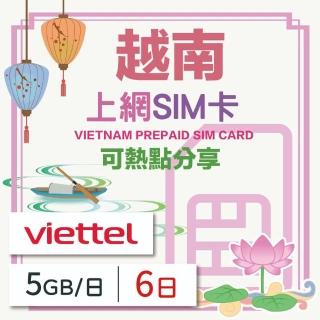 【越南上網 SIM卡】6天方案 每日5GB降速吃到飽 4G高速上網SIM卡(隨插即用、熱點分享、越南網絡卡)
