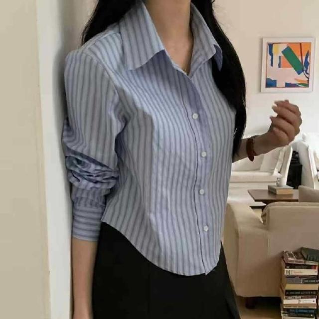 創翊韓都 正韓襯衫 條紋長袖短版襯衫WHN1021-創翊韓都 預購