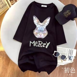 【初色】現貨 純色燙鑽兔子印花寬鬆休閒百搭圓領五分袖T恤上衣-共2色-32846(M-2XL可選/快速出貨)