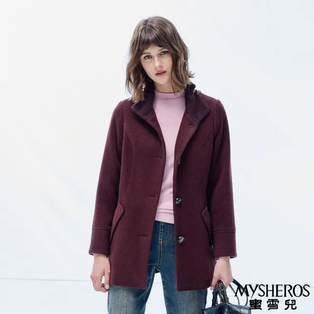 【MYSHEROS 蜜雪兒】安哥拉羊毛造型外套 可調式翻領排釦 雙口袋腰身設計(豆沙)