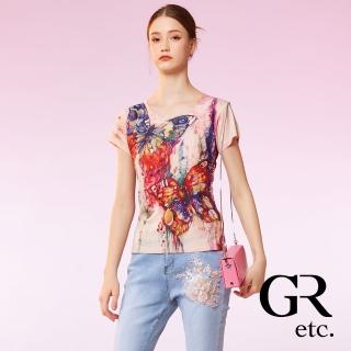 【GLORY21】速達-網路獨賣款-etc.優雅彩繪蝴蝶圓領上衣(粉色)