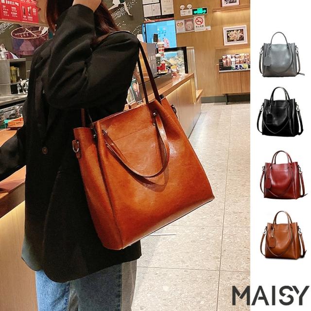 【MAISY】母親節禮物 復古氣質油蠟真皮大包 側背包 斜背包(現+預 黑色 / 棕色 / 酒紅色 / 灰色