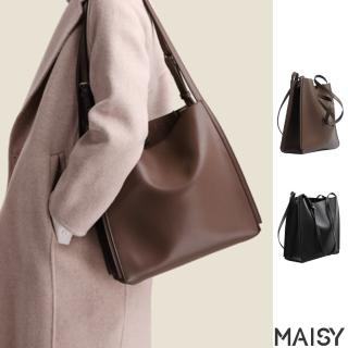 【MAISY】母親節禮物 簡約質感真皮單肩斜背托特包 肩揹包 側揹包(現+預 黑色 / 棕色)