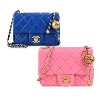 【CHANEL 香奈兒】經典菱格紋小羊皮金球鏈帶翻蓋斜揹包(任選)
