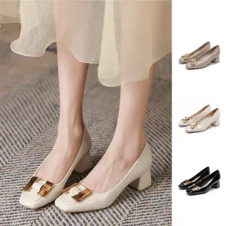 【J&H collection】炫彩金屬扣質感亮面漆皮粗跟方頭女鞋(黑色 / 白色 / 卡其色)