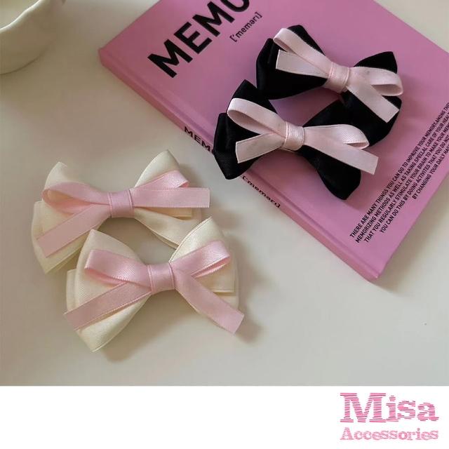 【MISA】撞色髮夾 緞帶髮夾/甜美撞色緞帶蝴蝶結少女風可愛髮夾 鴨嘴夾 瀏海夾 2入組(2色任選)