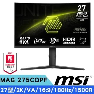 【MSI 微星】MAG 275CQPF 27型 VA 2K電競曲面螢幕(0.5ms/180Hz/HDR/DP/HDMI/1500R)